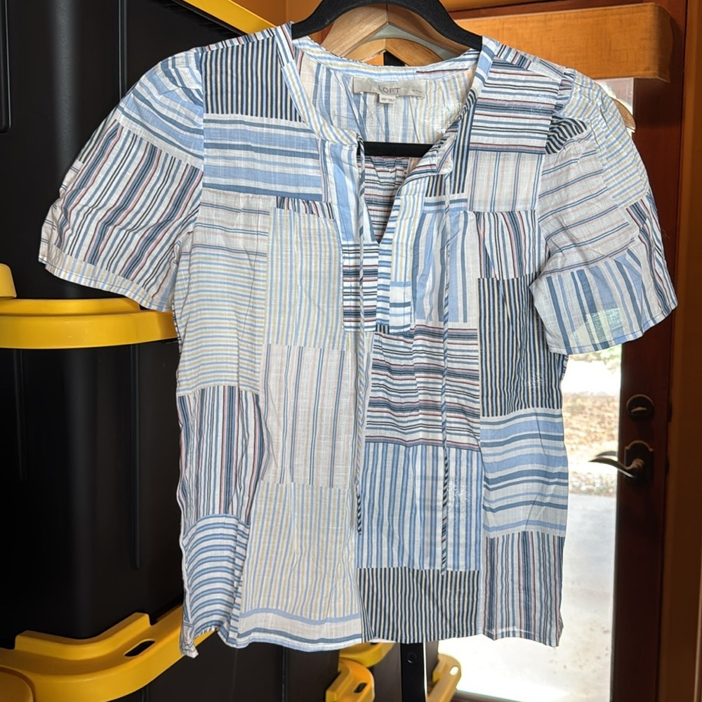 NWOT LOFT Laguna Blue Patchwork Stripe Blouse XSP Petite Cotton Tie Neck Top - Picture 5 of 9